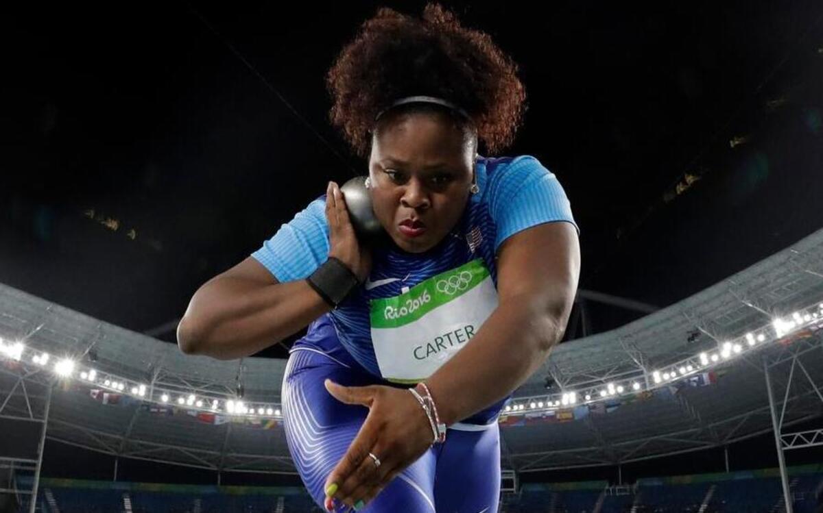 United States’ Michelle Carter competes in the final of the women’s shot put during the athletics competitions of the 2016 Summer Olympics at the Olympic stadium in Rio de Janeiro, Brazil, Friday, Aug. 12, 2016.