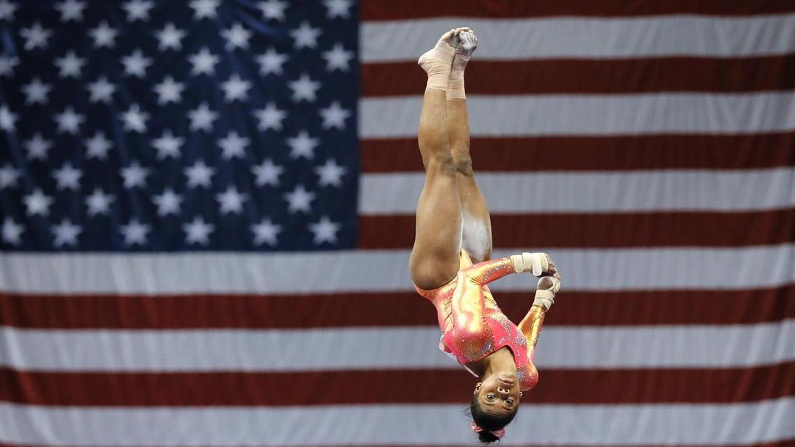 Gabby Douglas competes in the vault during the U.S. women’s gymnastics championships June 24 in St. Louis. She finished fourth in the overall competition.