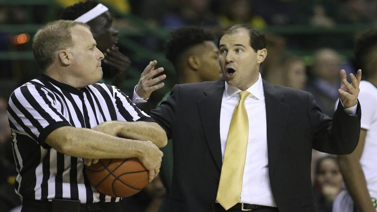 Baylor coach Scott Drew, right, probably is telling everybody about the tough matchup the newly minted No. 1 Bears have at 6 p.m. Tuesday at No. 10 West Virginia. The telecast is on ESPN2. Whatever Drew’s argument Saturday with the official was, the Bears defeated Oklahoma State 61-57.
