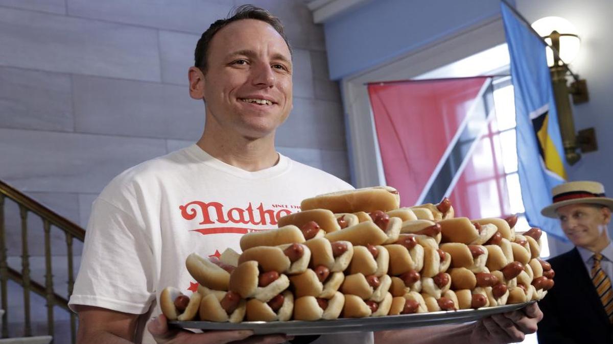 Nine-time winner and defending champion Joey Chestnut whets his appetite ahead of the annual Nathan’s Hot Dog Eating Contest on the Fourth of July. Watch the competition in all its gory at 11 a.m. Tuesday on ESPN2.