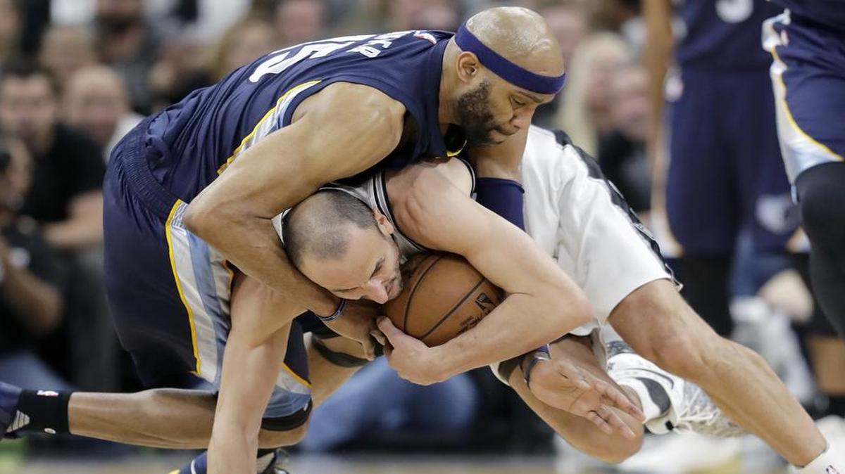 The San Antonio Spurs and Manu Ginobili, right, gained control of their first-round playoff series Tuesday in Game 5 with a 116-103 victory over the Memphis Grizzlies and Vince Carter. The Spurs, up 3-2, try to clinch the series Thursday in Memphis. TNT has the telecast at 8:30 p.m.