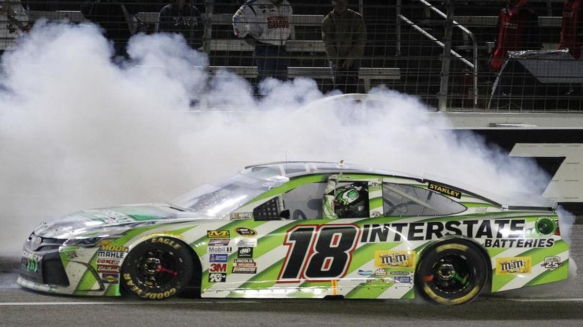 Kyle Busch, celebrating his victory last April at Texas Motor Speedway, hopes to defend his spring victory at the track during Sunday’s O’Reilly Auto Parts 500. Race coverage begins at 12:30 p.m. on Fox (KDFW/Ch. 4).