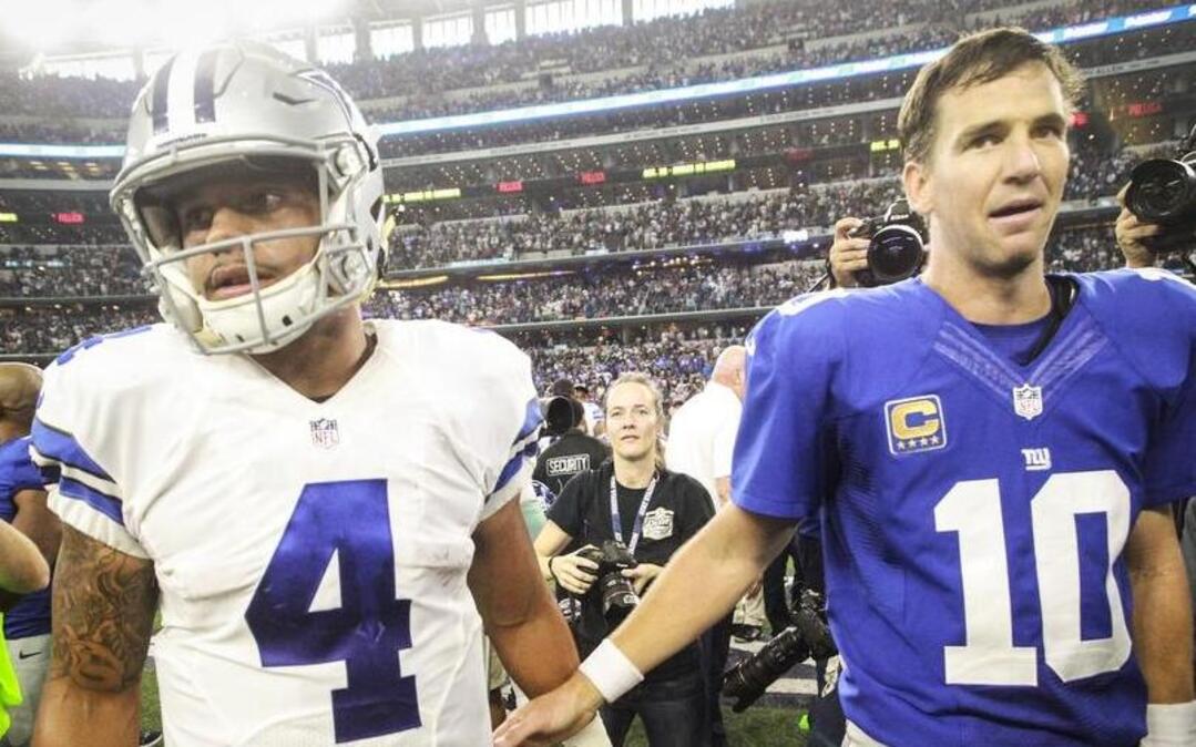 Who will walk off the winner, who will be the loser after Sunday night’s game (7:30 p.m., NBC, KXAS/5)? Back on Sept. 11, 2016, Dallas Cowboys quarterback Dak Prescott, left, and New York Giants quarterback Eli Manning greeted each other after the Cowboys lost the season opener 20-19 loss at AT&T Stadium in Arlington, TX.
