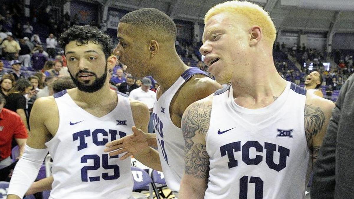TCU guard Alex Robinson, left, forward JD Miller, guard Jaylen Fisher and the Horned Frogs hope to celebrate their fourth consecutive victory Saturday when they take on No. 6 Baylor in Waco. The game will be televised at 1 p.m. on ESPNU.