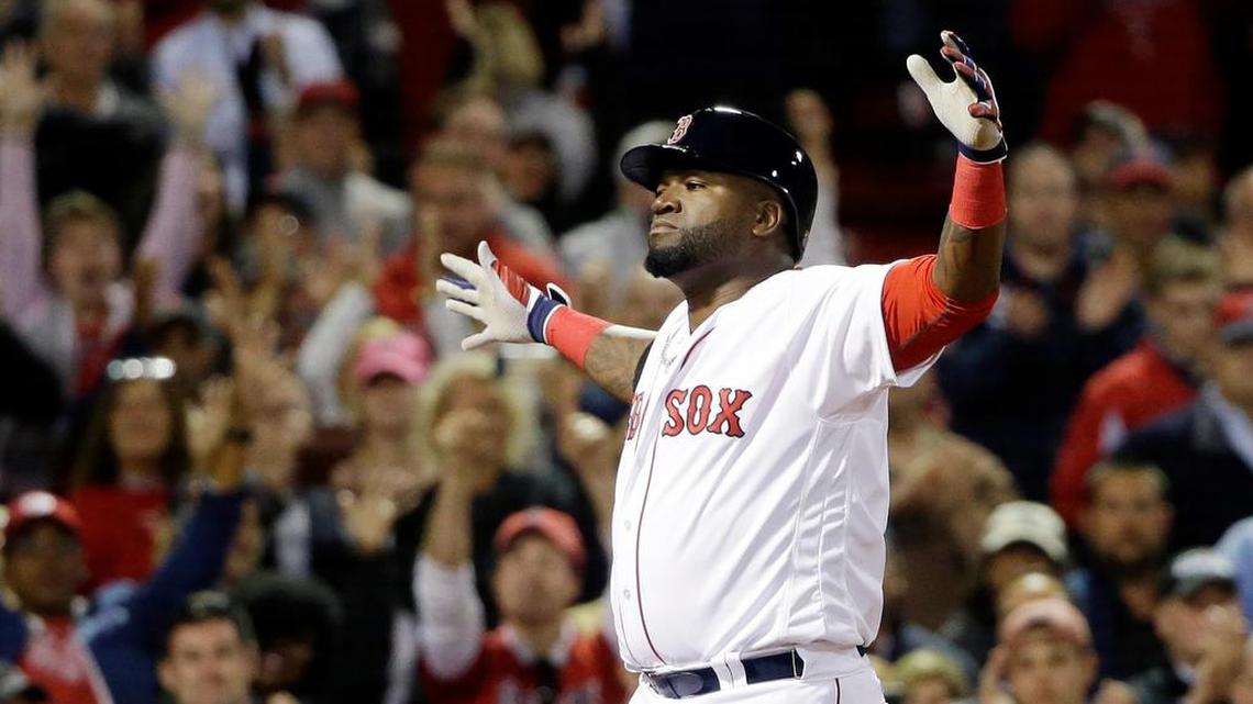 Boston Red Sox designated hitter David Ortiz celebrates his solo home run in the eighth inning Thursday in a victory over the New York Yankees. Ortiz and the Red Sox face the Yankees at noon Saturday on Fox (KDFW/Channel 4).