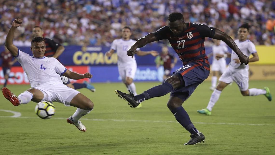 United States' Jozy Altidore (27) kicks against El Salvador's Henry Romero (4) during a CONCACAF Gold Cup quarterfinal soccer match in Philadelphia, Wednesday.