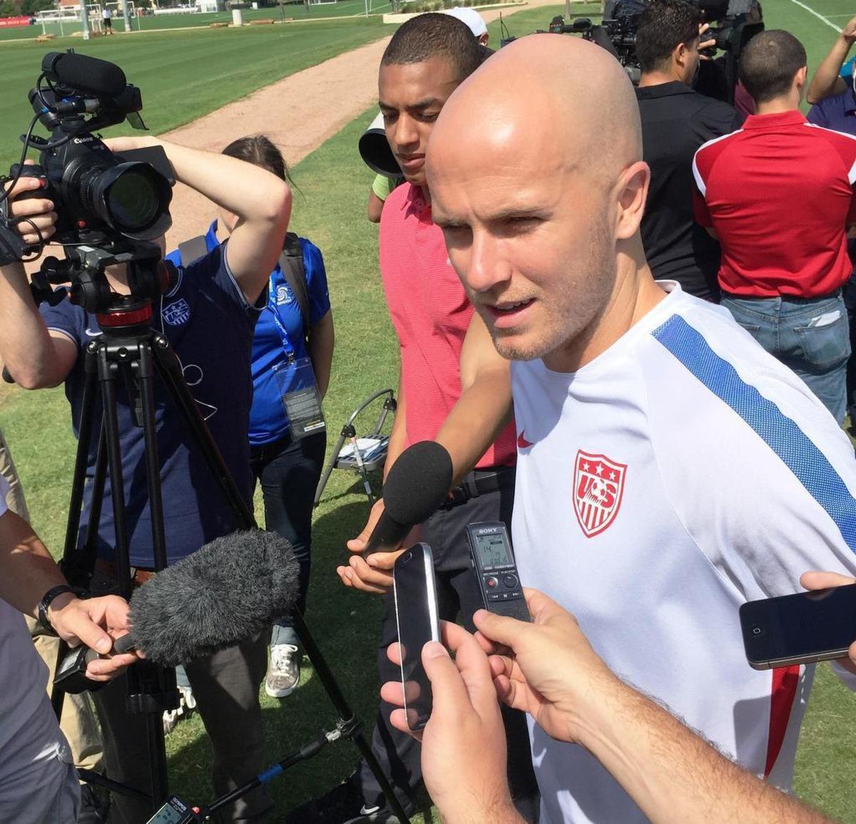 Michael Bradley, captain of the U.S. men’s national soccer team, addresses the media before a training session Sunday in Frisco ahead of Tuesday’s Gold Cup contest against Honduras. 