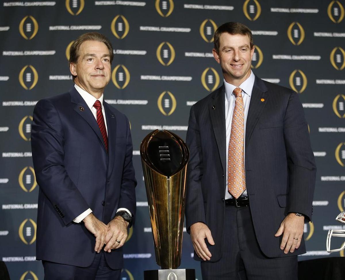 The teams led by Alabama Coach Nick Saban, left, and Clemson Coach Dabo Swinney have combined to fill 13 of the 32 total College Football Playoff slots available since the event began with the 2014 season.