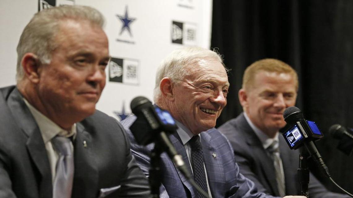The Cowboys’ brain trust, including, from left, Stephen Jones, owner Jerry Jones and coach Jason Garrett may need to find defensive stars in the 2017 NFL Draft.