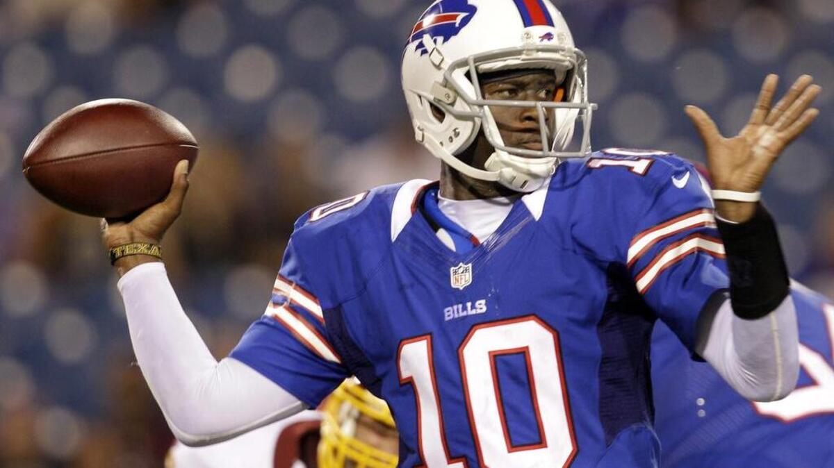 In August 2012, then Buffalo Bills quarterback Vince Young throws a pass in a preseason game.