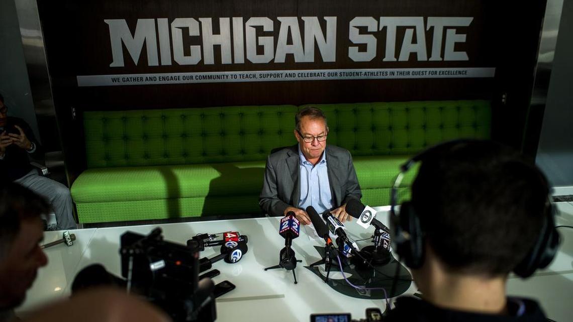 Michigan State athletic director Mark Hollis announces his retirement Friday, Jan. 26, 2018 in East Lansing, Mich. Hollis is the second university official to step down in as many days amid sharp criticism over the school’s handling of sexual abuse allegations against disgraced sports doctor Larry Nassar.