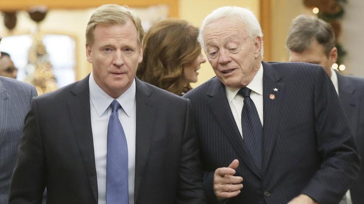 NFL Commissioner Roger Goodell, left, and Cowboys owner Jerry Jones talk during the owners meetings in December in Irving.