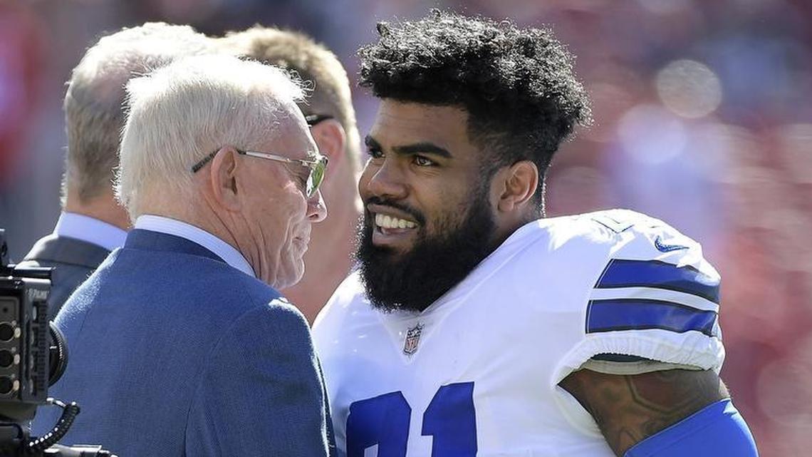 Dallas Cowboys owner Jerry Jones talks to Dallas Cowboys running back Ezekiel Elliott before a game against the San Francisco 49ers. Both men are battling image problems this season.