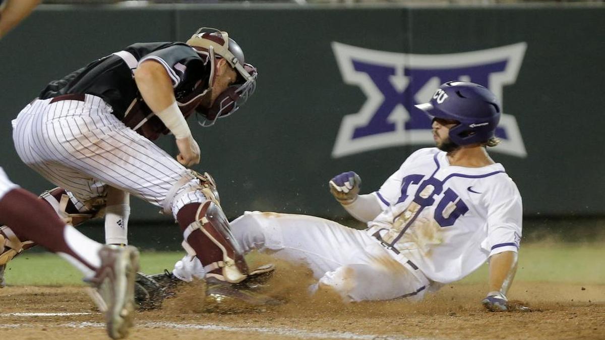 
TCU’s Garrett Crain, right, scoring the winning run Monday night as Texas A&M catcher Michael Barash can’t handle the throw, might not have made the wise decision to try to score but he did make something special happen when it was needed.

