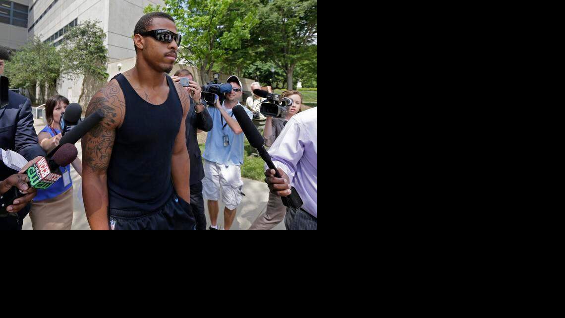 
In this May 14, 2014, file photo, Carolina Panthers NFL football defensive end Greg Hardy leaves the Mecklenburg County jail after being released on bond in Charlotte, N.C. 

