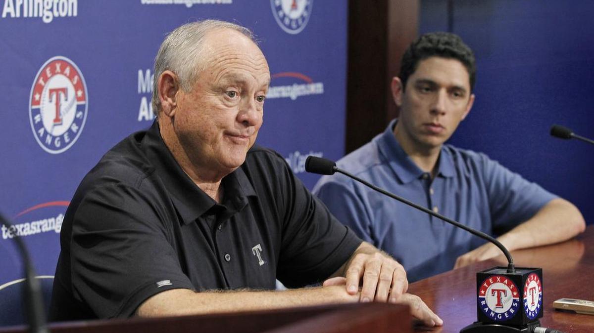Former Rangers president Nolan Ryan, left, with general manager Jon Daniels in 2012. Ryan is now with the Astros organization, which could move its Triple A affiliate to Round Rock.