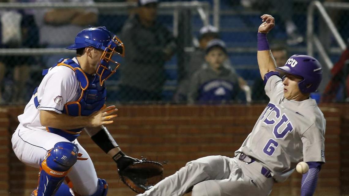 The baseball teams from UT Arlington, with catcher Brady Cox, and TCU, with baserunner Nolan Brown, begin play in their respective conference tournaments on Wednesday in hopes of ultimately securing a bid to the College World Series.