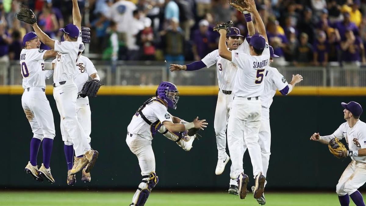 LSU celebrates a win over Florida State in an NCAA College World Series baseball game in Omaha, Neb., Saturday, June 17, 2017. The Tigers will play Oregon State in a CWS winners bracket game at 6 p.m. Monday in Omaha.