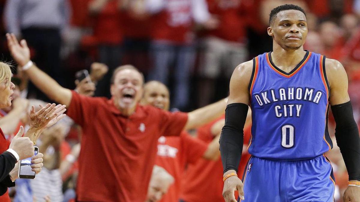 Oklahoma City Thunder guard Russell Westbrook will try to keep a civil tongue and hit more shots when the Thunder takes on the Houston Rockets in Oklahoma City, down 2-0 in the first-round NBA series. Westbrook had a triple double Wednesday in losing to Houston, 51 points, 10 rebounds, 13 assists. But he was 4 of 18 shooting in the fourth quarter, and used a profanity in the postgame media session about his stats line. He was fined $15,000 by the NBA on Friday for inappropriate language.
