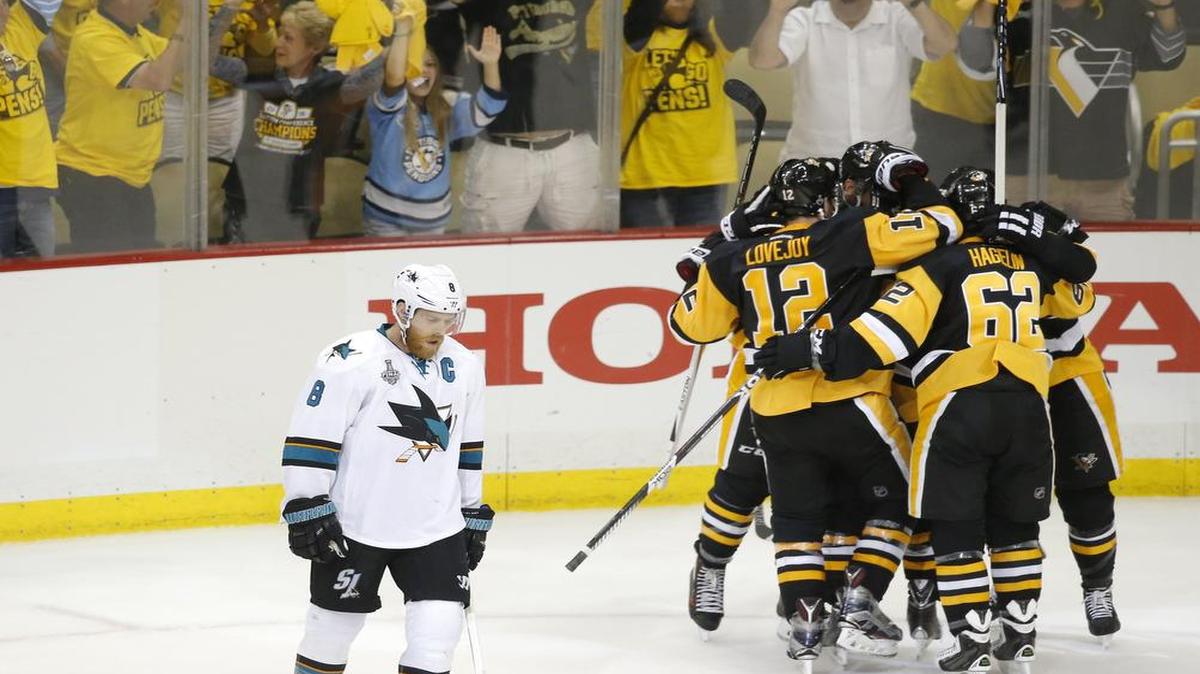 Joe Pavelski, left, and the San Jose Sharks try to even the Stanley Cup Final at one game apiece Wednesday after the Pittsburgh Penguins celebrated a 3-2 victory in Game 1 Monday. Game 2 begins at 7 p.m. on NBCSN.
