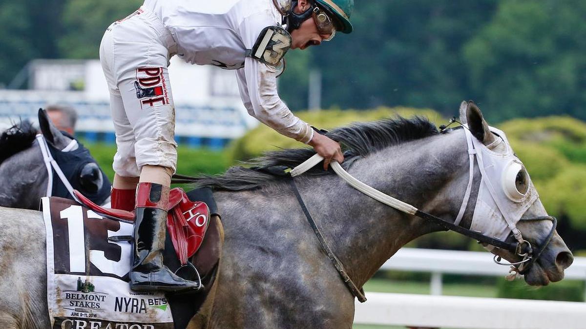 Jockey Irad Ortiz Jr., riding Creator, celebrates after winning the 148th running of the Belmont Stakes horse race on Saturday in New York.
