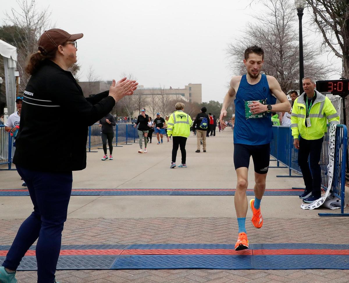 Bryan Morseman took home first in the ultra marathon with a time of 3:01.43 during the 2023 Cowtown Marathon in Fort Worth, Texas, Sunday, Feb. 26, 2023. Almost 21,000 runners registered for the two day event. (Special to the Star-Telegram Bob Booth)