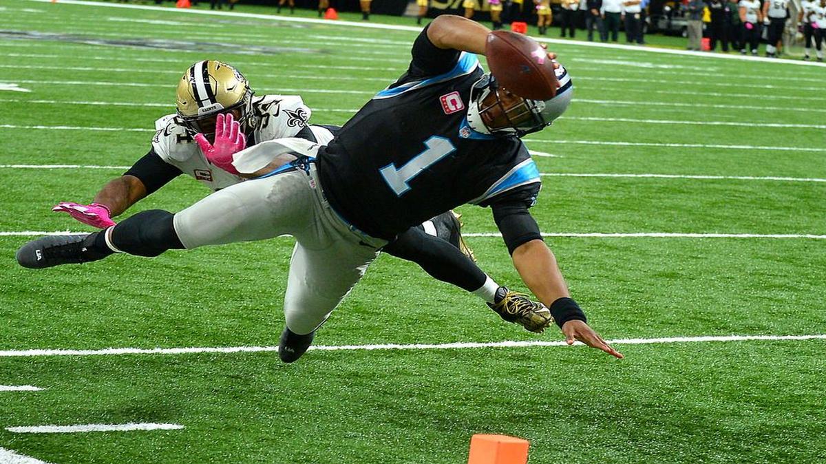 The Carolina Panthers and quarterback Cam Newton dives for a touchdown against New Orleans and Cameron Jordan in the Saints’ 41-38 victory Oct. 16. The teams meet against Thursday in Charlotte. Game coverage begins at 7:20 p.m. on NBC (KXAS/Ch. 5) and NFL Network.
