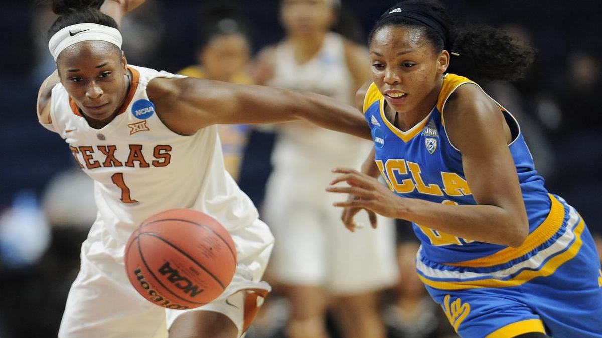 Empress Davenport, left, helped lead Texas to a comeback victory over Nirra Fields and UCLA on Saturday in the Bridgeport regional semifinals. The Longhorns take on No. 1 Connecticut at 6 p.m. Monday for a shot at the Final Four. The game will be televised on ESPN.