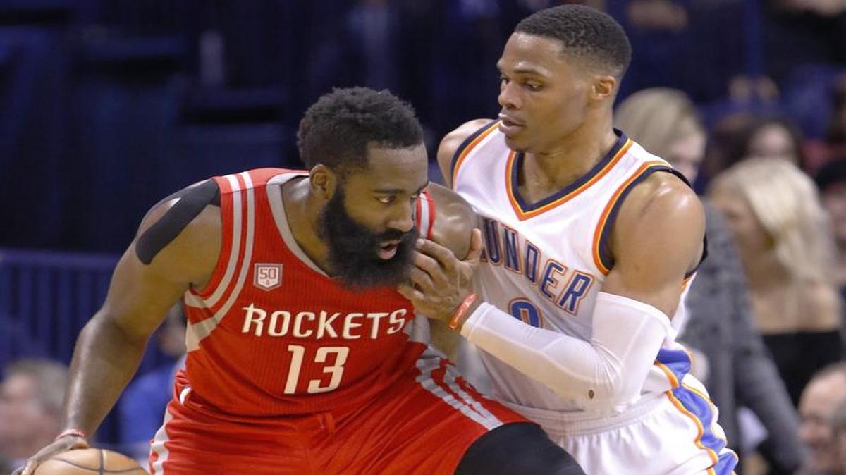 Rockets guard James Harden, left, matches up with Thunder guard and former Oklahoma City teammate Russell Westbrook on Thursday. Westbrook leads the NBA with 16 triple-doubles this season, and Harden is second with nine. Thursday’s game in Houston tips off at 7 p.m. on TNT.