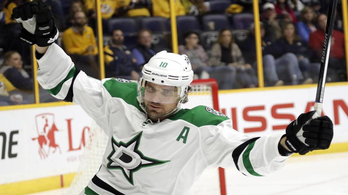 Dallas Stars left wing Patrick Sharp celebrates after scoring a goal against the Nashville Predators during the third period of an NHL hockey game Wednesday in Nashville. Dallas lost 5-2. The Stars play the Vancouver Canucks at 7:30 p.m. Friday at American Airlines Center in Dallas. The telecast is on FSSW Plus.